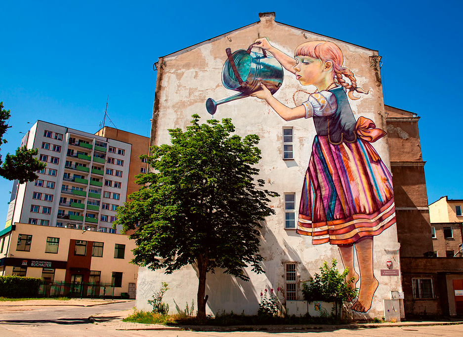 Mural in Polen: Mädchen mit Gießkanne