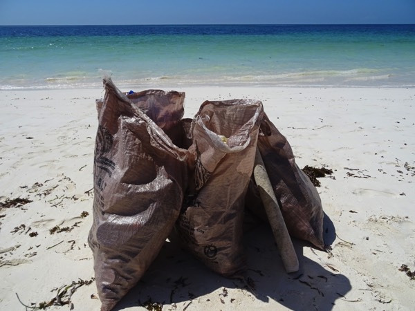 Mit fünf Teammitgliedern haben wir innerhalb von nur einer knappen halben Stunde fünf volle Müllsäcke voller Plastikmüll gesammelt. Damit ist nur ca. 1/10 des betreuten Strandes oberflächlich gereinigt - zumindest bis zum nächsten Hochwasser in einigen Stunden, das neuen Müll anschwemmt.