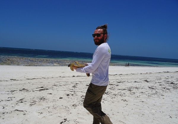 Die Meeresschildkröte ist zum Glück unverletzt, sodass wir sie nach kurzer Fahrt gleich wieder in den Watamu-Meeresnationalpark entlassen können. Ein schönes Gefühl.