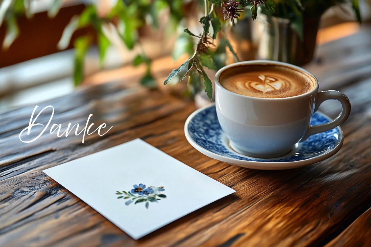 Schlichte gedruckte Dankeskarte auf Recyclingpapier mit floraler Illustration neben Kaffeetasse auf Holztisch